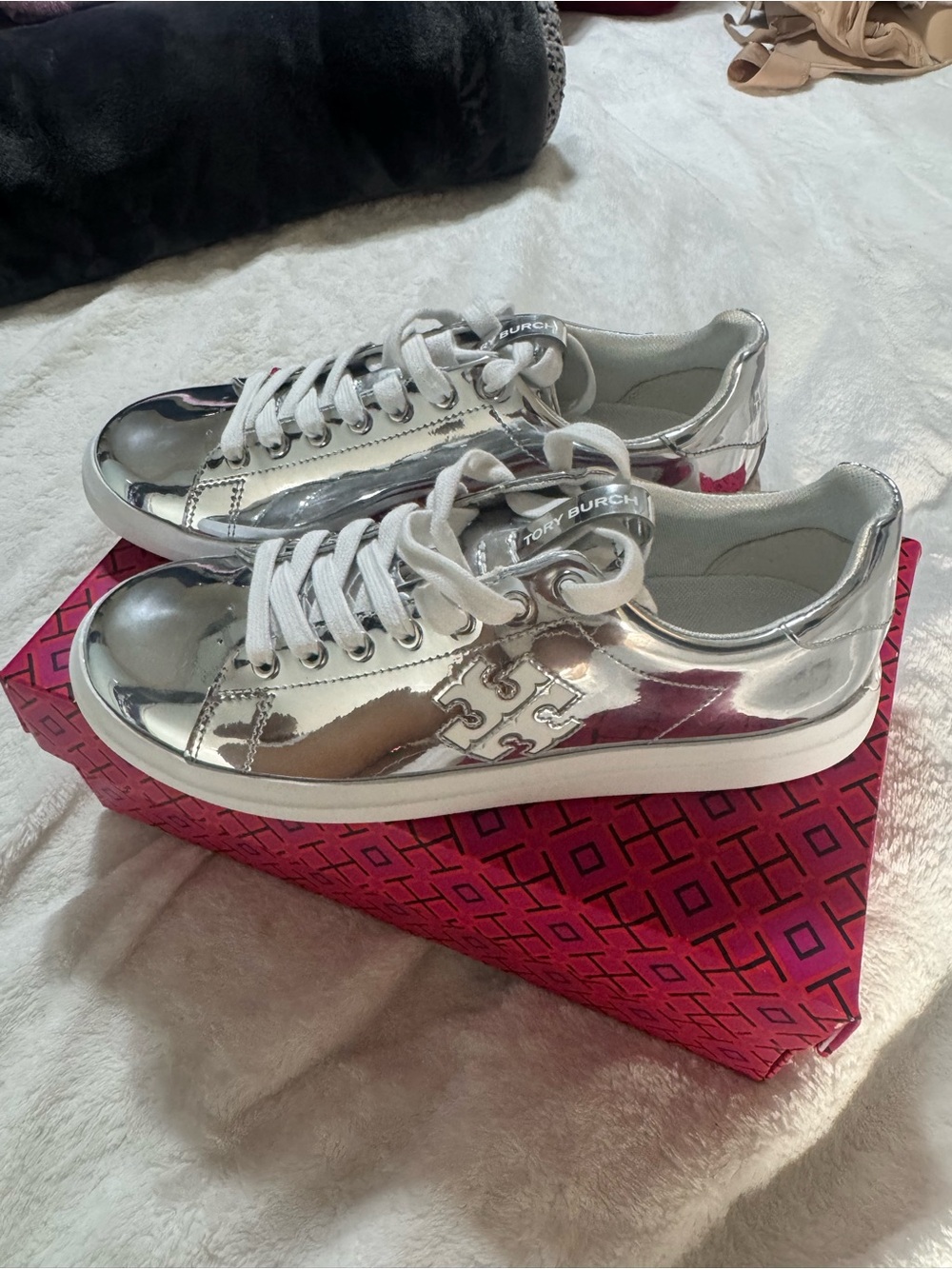 Tory Burch Metallic Silver Low-Top Sneakers
